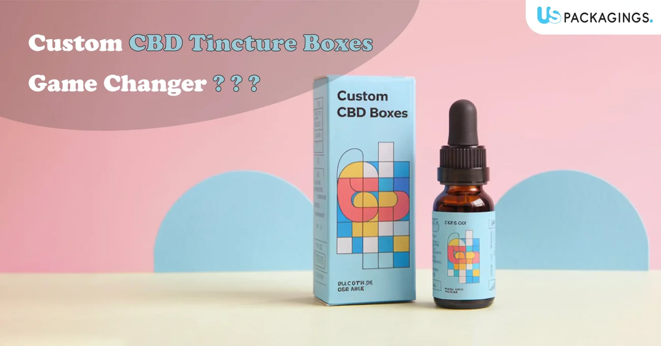 Custom CBD tincture box with premium branding and sleek design next to a CBD tincture bottle on a white background.